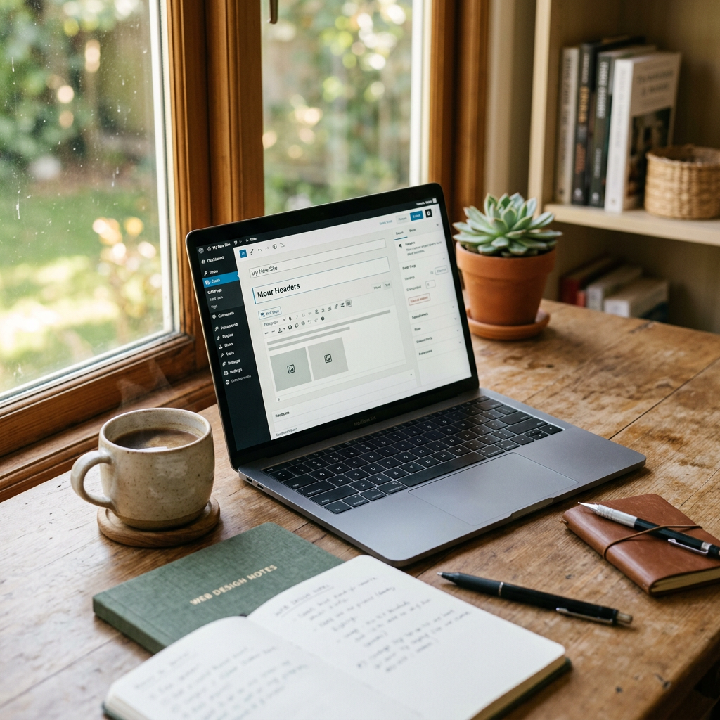 Laptop displaying a website editor beside coffee, notebooks, and a succulent
